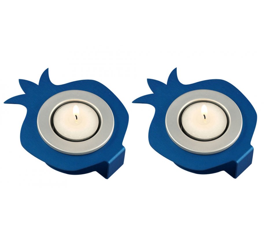 Shraga Landesman Pair Aluminum Pomegranate Candle Holders - Blue and Silver