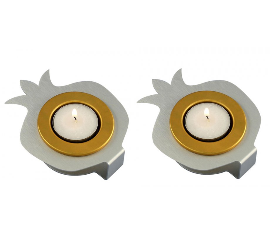 Shraga Landesman Pair Aluminum Pomegranate Candle Holders - Gold and Silver