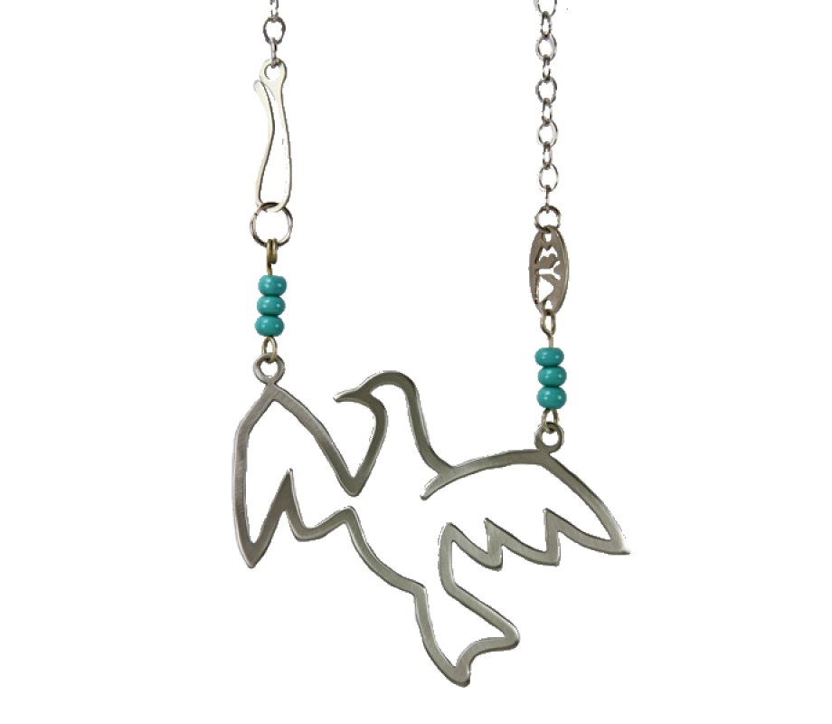 Shraga Landesman Peace Dove in Flight Necklace Turquoise Beads - Nickel Silver