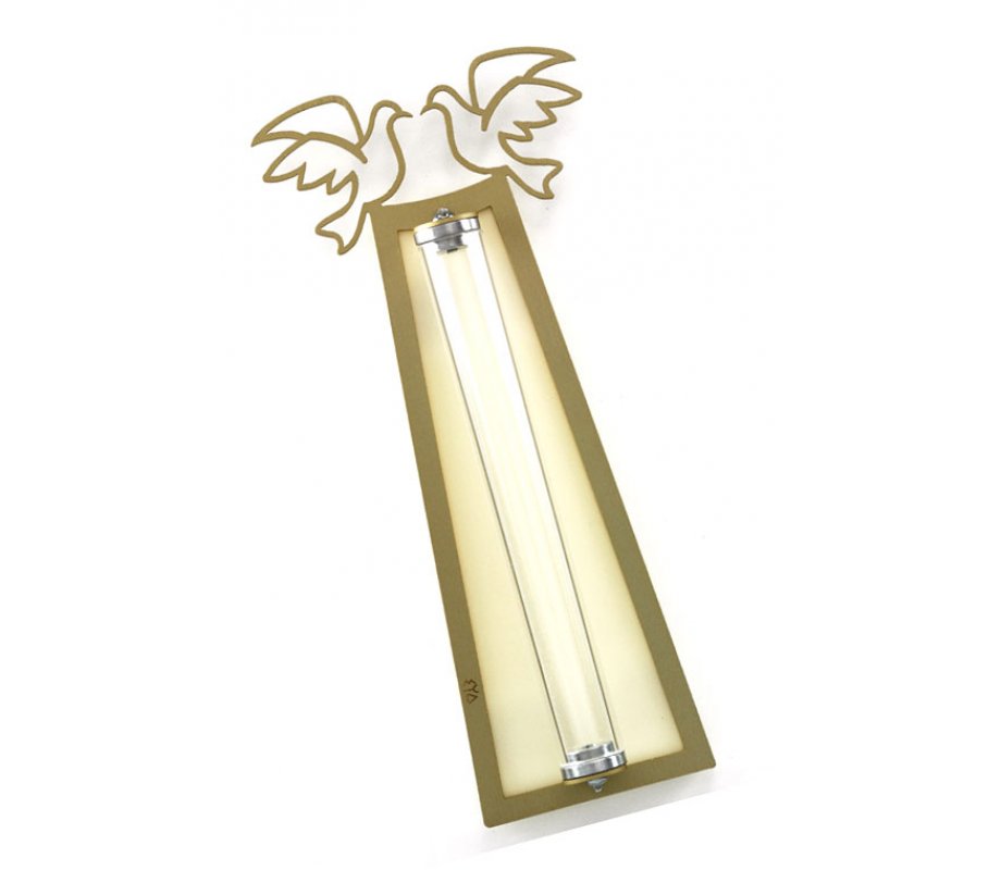 Shraga Landesman Peace Doves Mezuzah Case Gold and White - Aluminum, Lucite