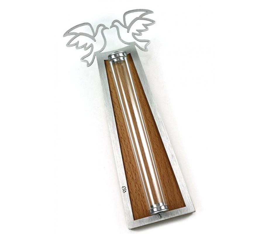 Shraga Landesman Peace Doves Mezuzah Case Silver and Shaded - Aluminum, Lucite