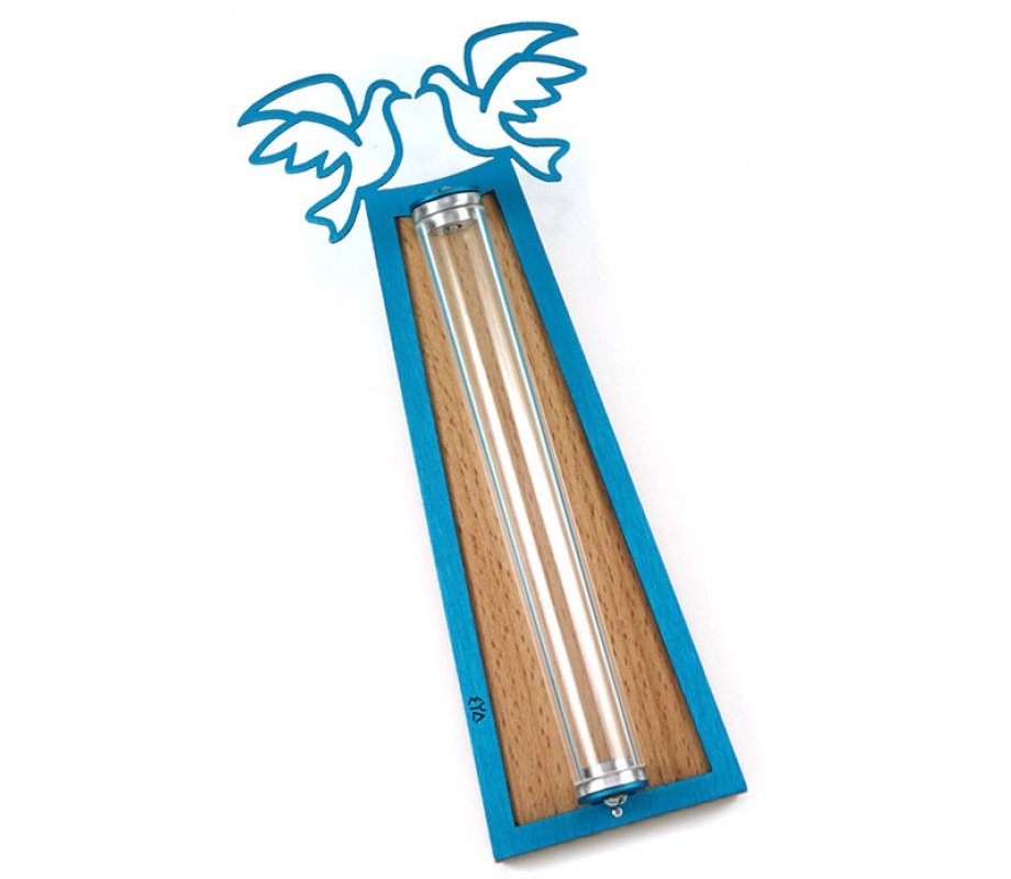 Shraga Landesman Peace Doves Mezuzah Case Turquoise and Shaded - Aluminum, Lucite