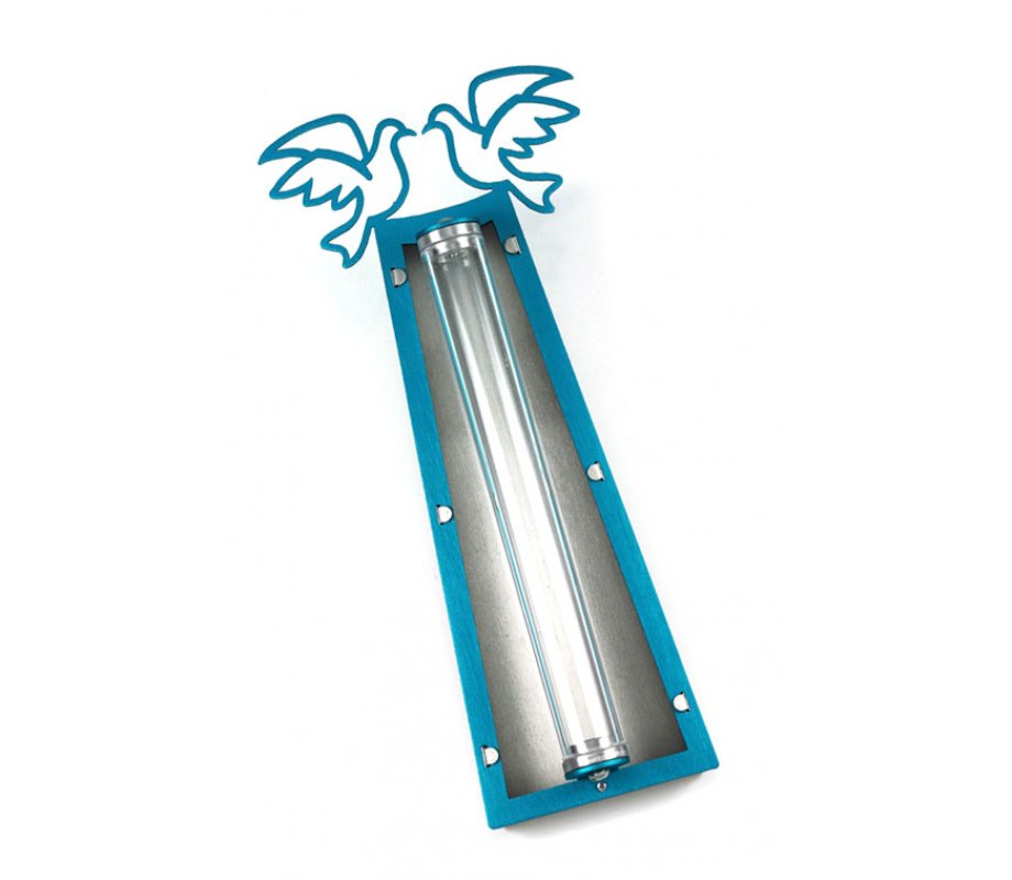 Shraga Landesman Peace Doves Mezuzah Case Turquoise and White - Aluminum, Lucite