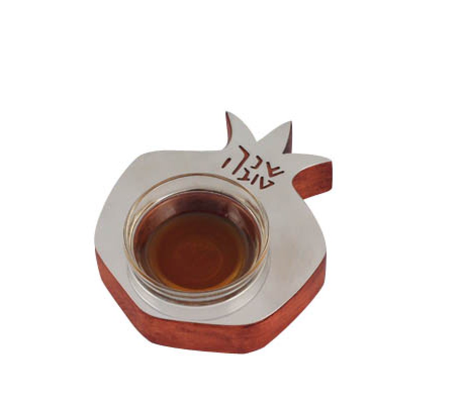 Shraga Landesman Pomegranate Honey Dish Red Wood and Aluminum - Glass Bowl