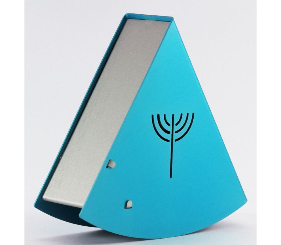 Shraga Landesman Rocking Charity Box Matan Be'seter & Menorah Motif - Turquoise
