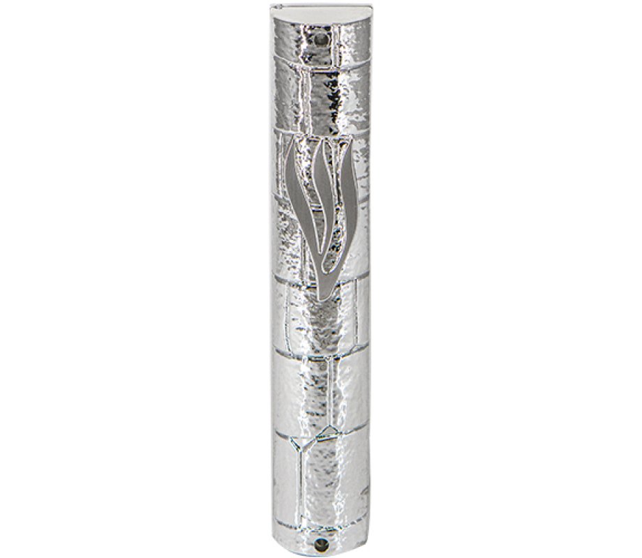 Silver Color Plastic Mezuzah Case with Western Wall Design and Silver Shin