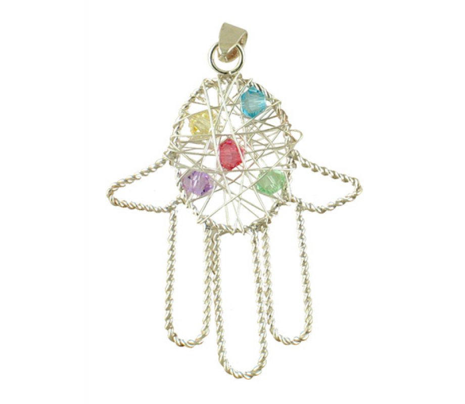 Silver Hamsa Pendant with multicolor stones