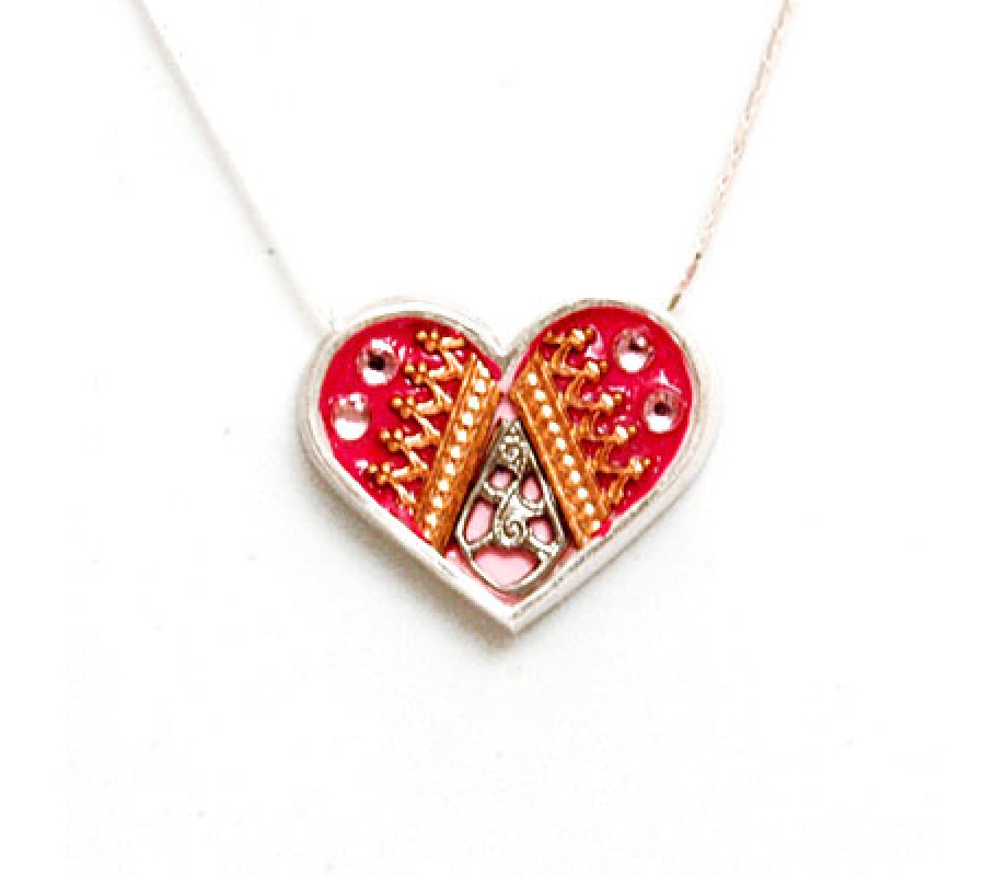 Silver Heart Necklace in Pink and Red by Ester Shahaf