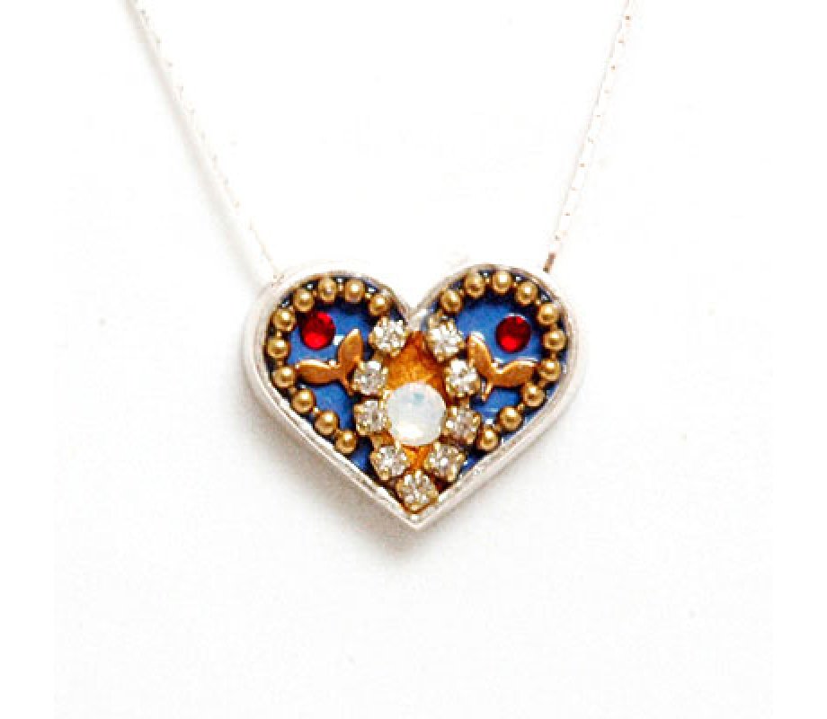 Silver Heart Necklace with Flower by Ester Shahaf