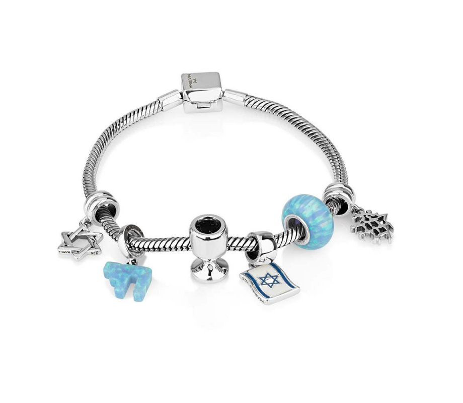 Silver Judaica Charm Bracelet with 6 Charms in Blue
