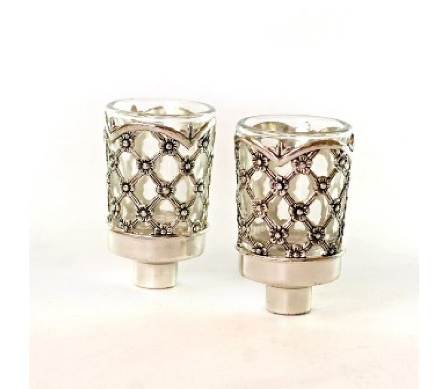 Silver Plated Candlestick Inserts, Diamond Floral Design - With Glass Cups (75)