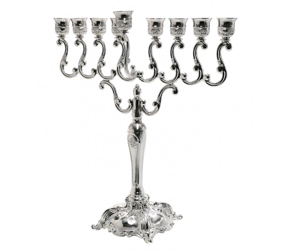 Silver Plated Chanukah Menorah, Classic Scroll Design - 14.2 Inches Height