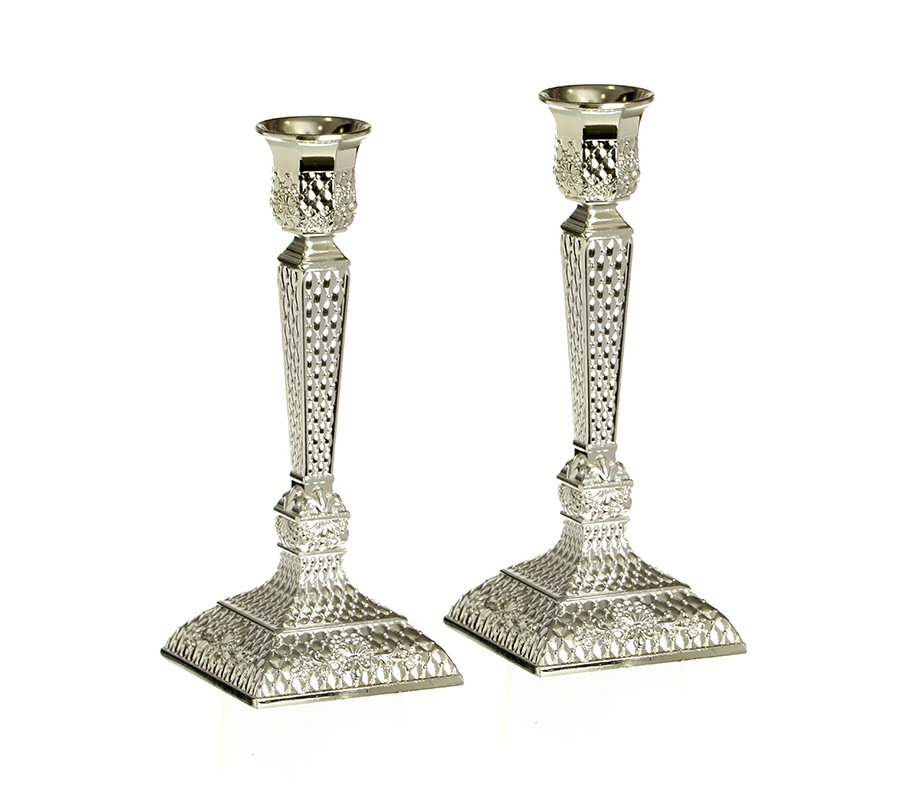 Silver Plated Diamond Design Shabbat Candlesticks - 7.4