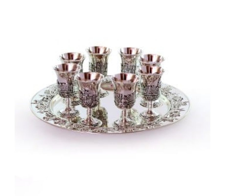 Silver Plated Eight Small Stem Kiddush Cups and Matching Tray - Jerusalem Design