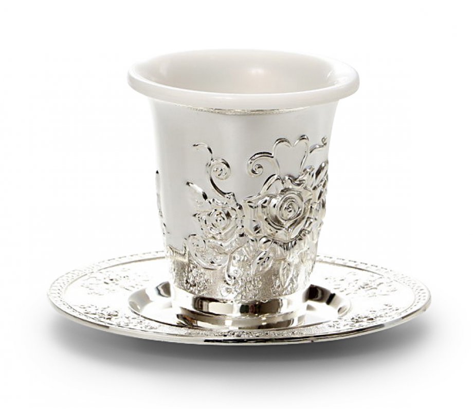 Silver Plated Kiddush Cup with Plastic Insert and Coaster - Floral Design