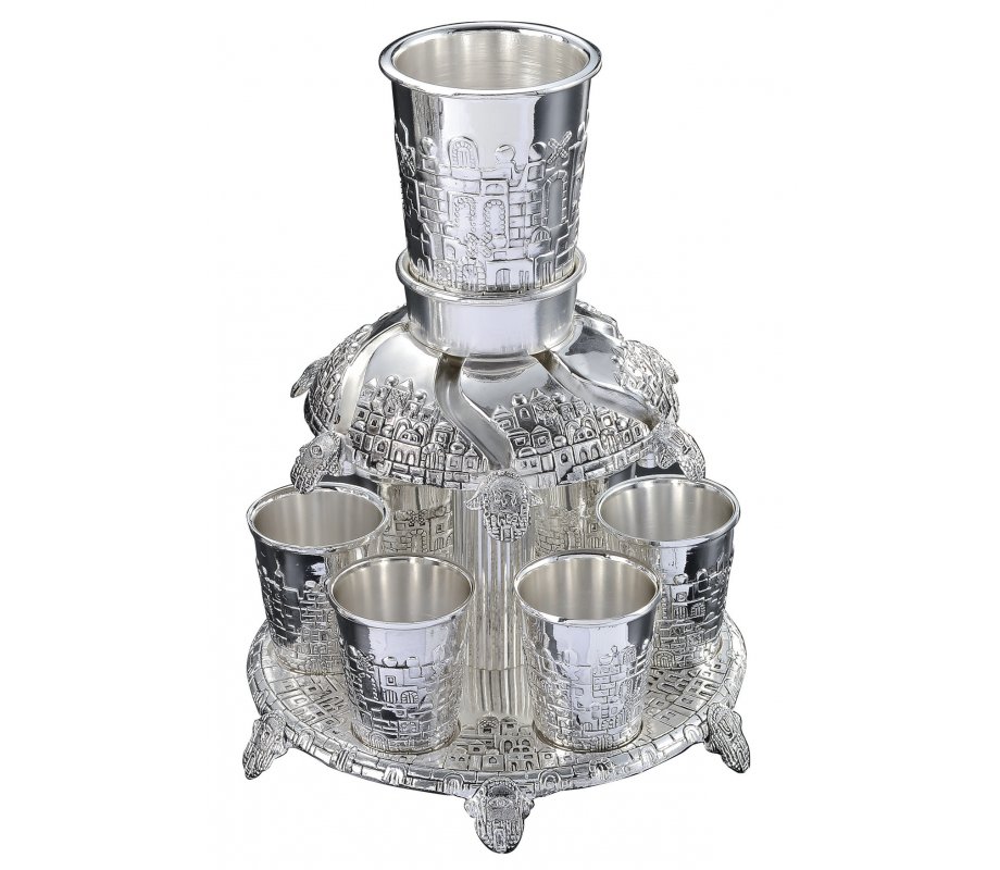 Silver Plated Kiddush Fountain with 6 Cups, Small - Jerusalem and Hamsa Design