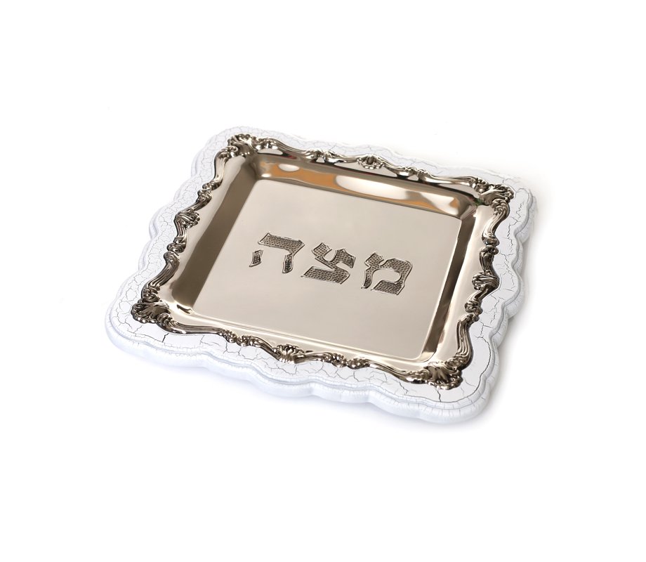 Silver Plated Matzah Tray on White Crazed Wood Base