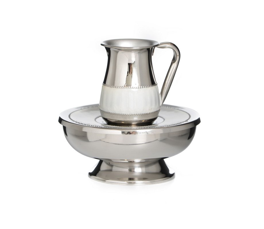 Silver Plated Mayim Achronim Jug and Bowl with Lid - White Enamel Band