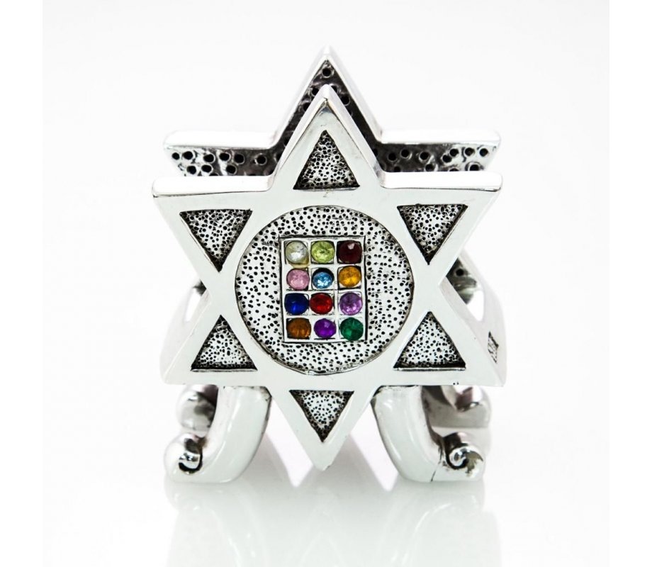 Silver Plated Napkin Holder with Colored Stones - Star of David, Choshen