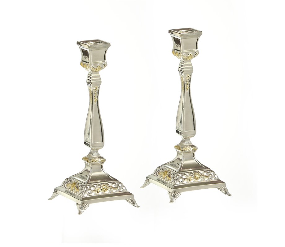 Silver Plated Shabbat Candlesticks with Gold Tints - Height 6.6
