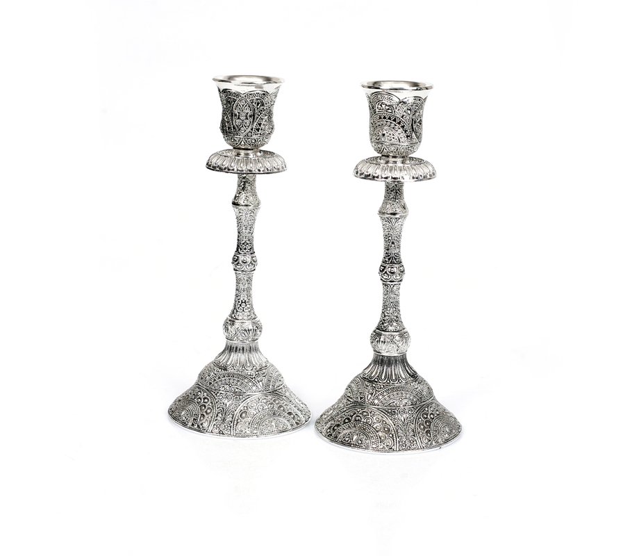 Silver Plated Stem Shabbat Candlesticks, Filigree Design - Eight Inches Height