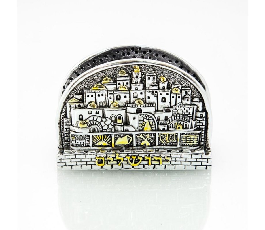 Silver Plated with Gold Accents Business Card Holder - Jerusalem, Twelve Tribes