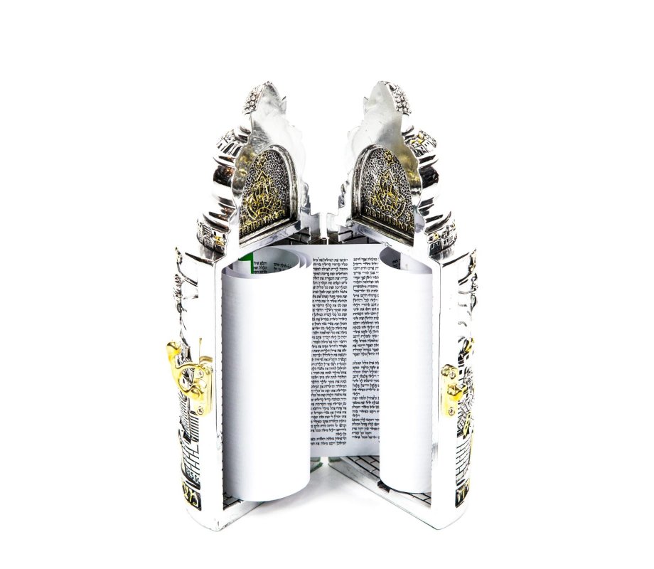 Silver Plated with Gold Accents Cylinder Torah Case with Replica Scroll - Medium