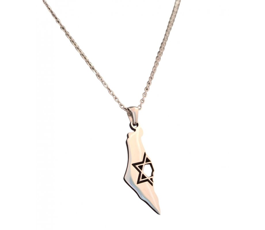Silver Stainless Steel Pendant Necklace - Map of Israel with Half Star of David