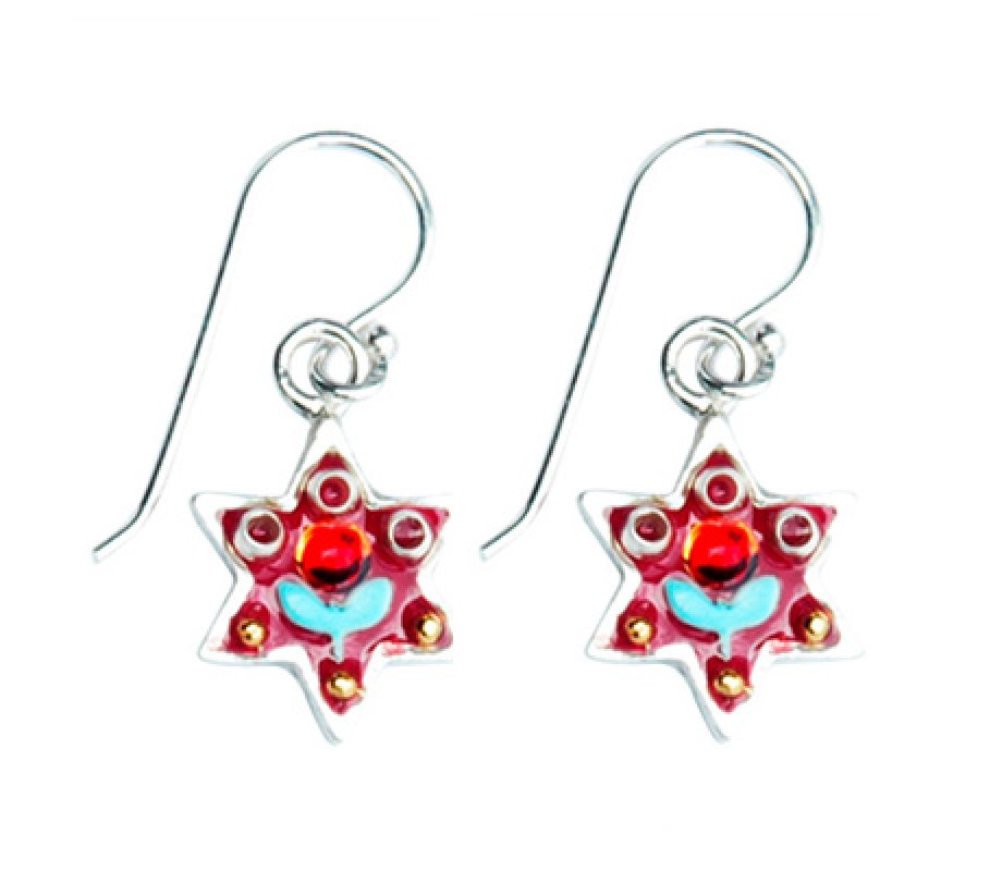 Silver Star of David Earrings with Red Flower by Ester Shahaf