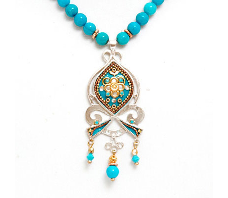 Silver Turquoise Beaded Necklace by Ester Shahaf