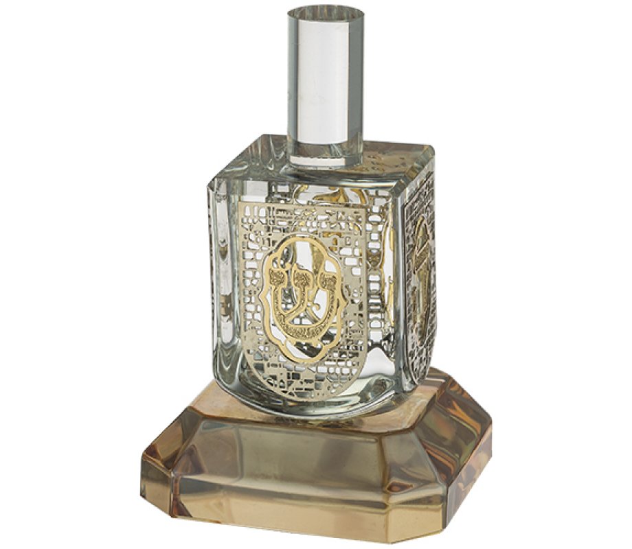 Silver and Gold Metal Crystal Dreidel on Glass Base – Nes Gadol Hayah Sham