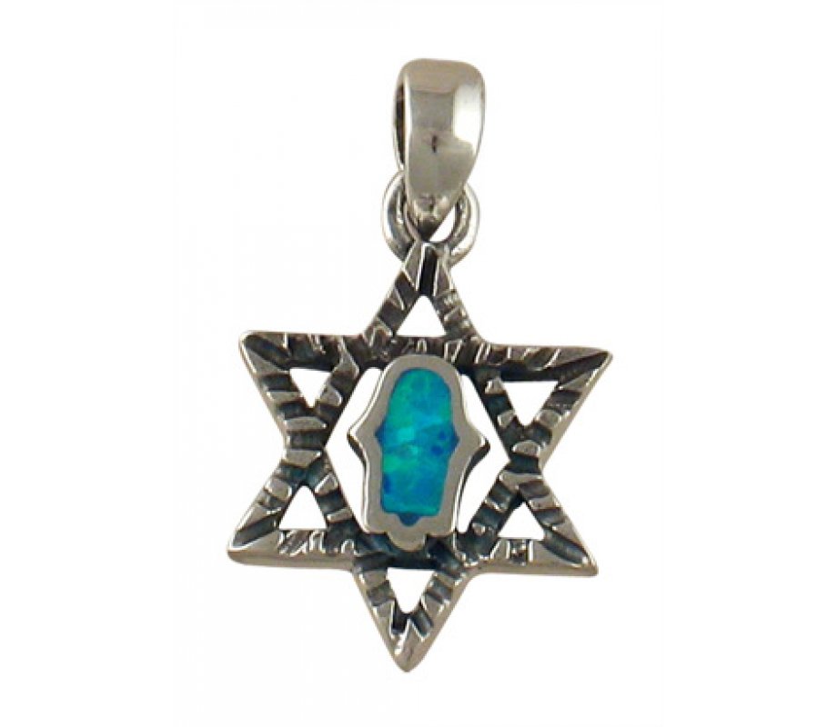 Silver and Opal Hamsa Star of David Pendant