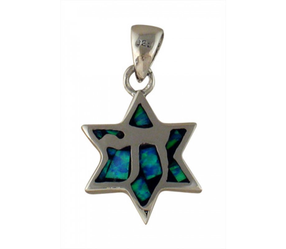 Silver and Opal Star of David Chai Pendant