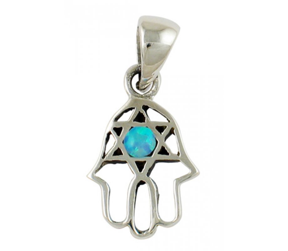 Silver and Opal Star of David Hamsa Pendant