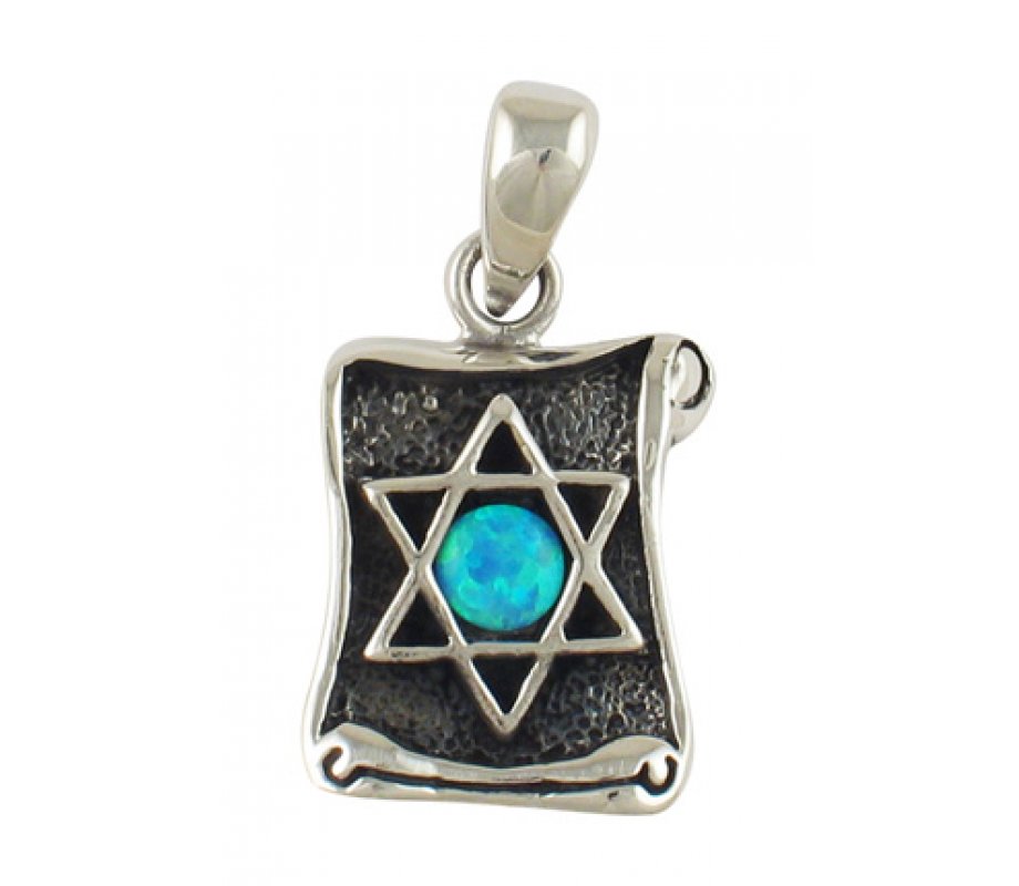 Silver and Opal Star of David Scroll Pendant