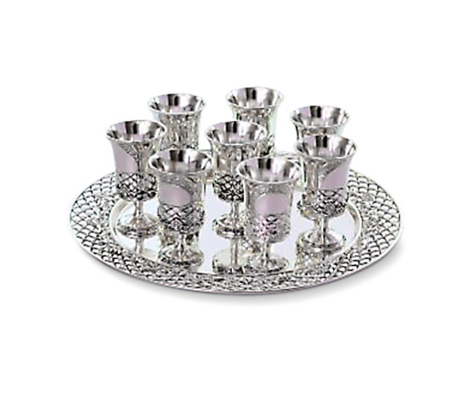 Six Decorative Small Kiddush Cups with Matching Circular Tray - Silver Plate