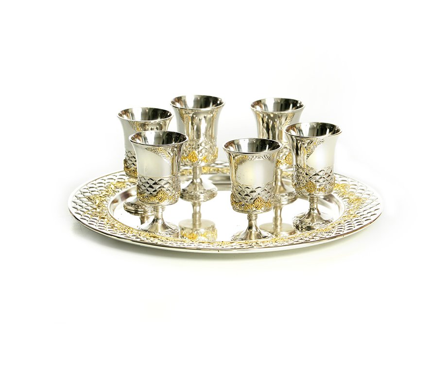 Six Small Kiddush Cups on Tray - Silver Plated with Gold Elements -