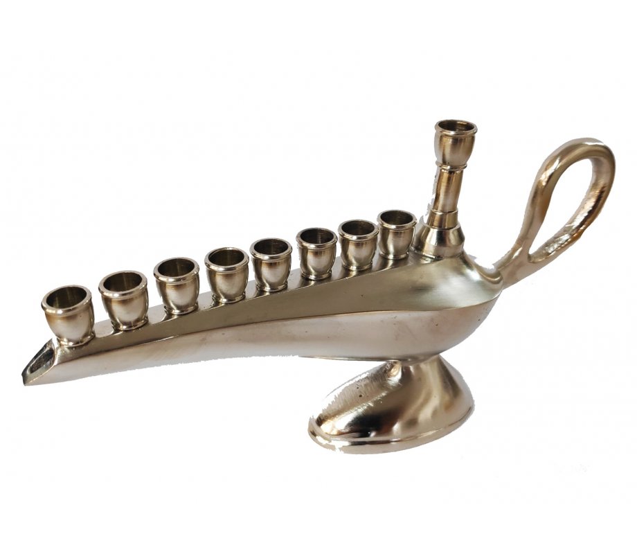 Small Aladdin Lamp Pewter Chanukah Menorah, For Candles - 7 Inches