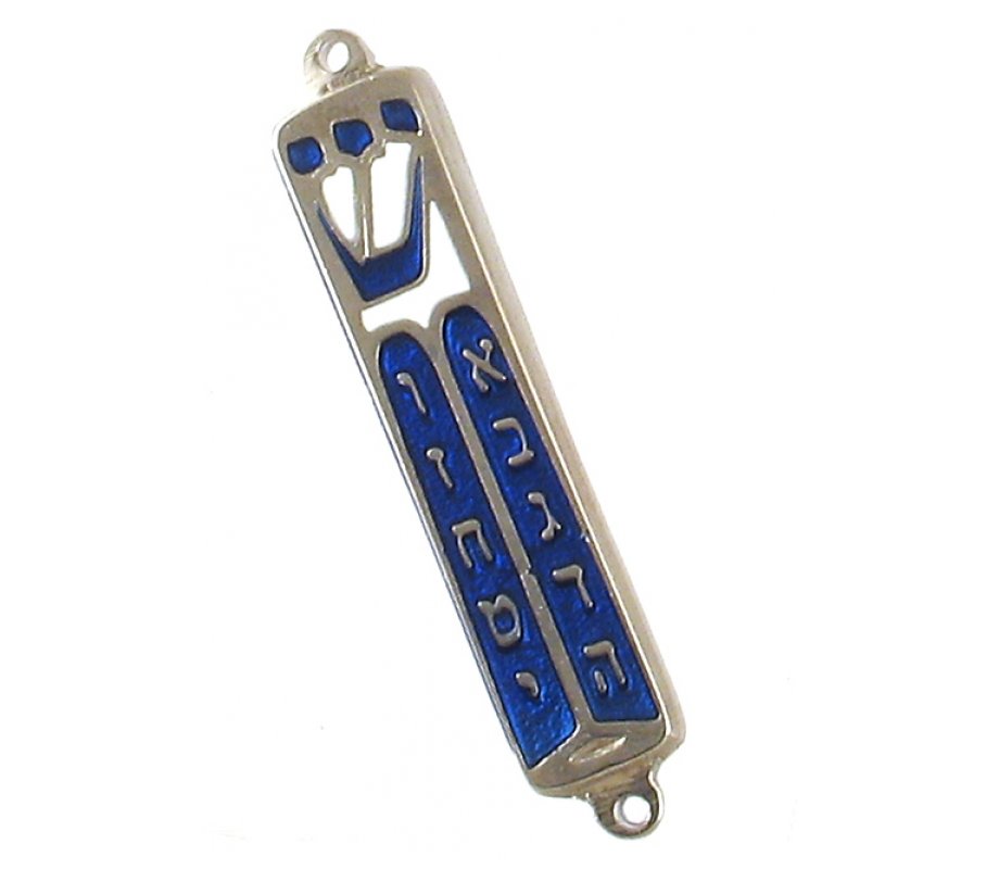Small Blue Metal Mezuzah Case, Star of David and Crown - Gold or Silver Plate