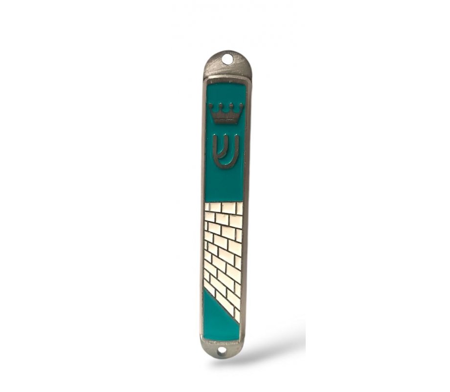 Small Metal Mezuzah Case, Western Wall and Crown Image - Blue Green Enamel