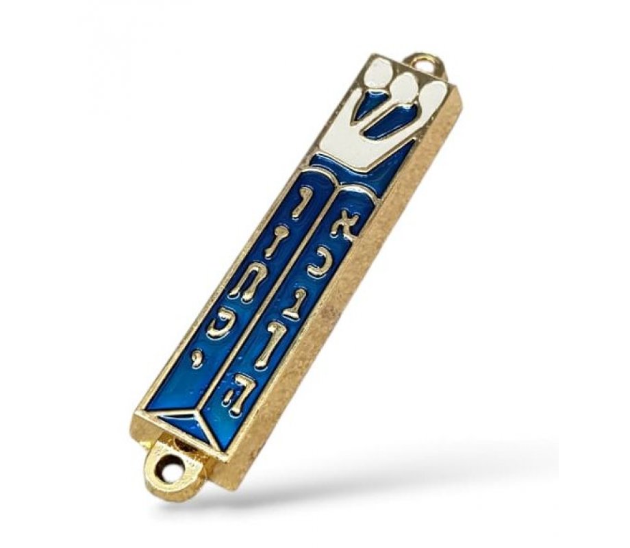 Small Mezuzah Case, Gold Metal with Blue Enamel – Hebrew Letters and Shin