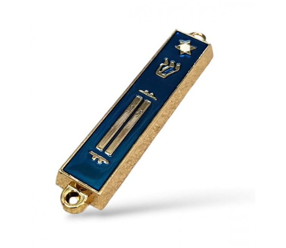 Small Mezuzah Case, Gold Metal with Blue Enamel – Torah Scroll and Shin