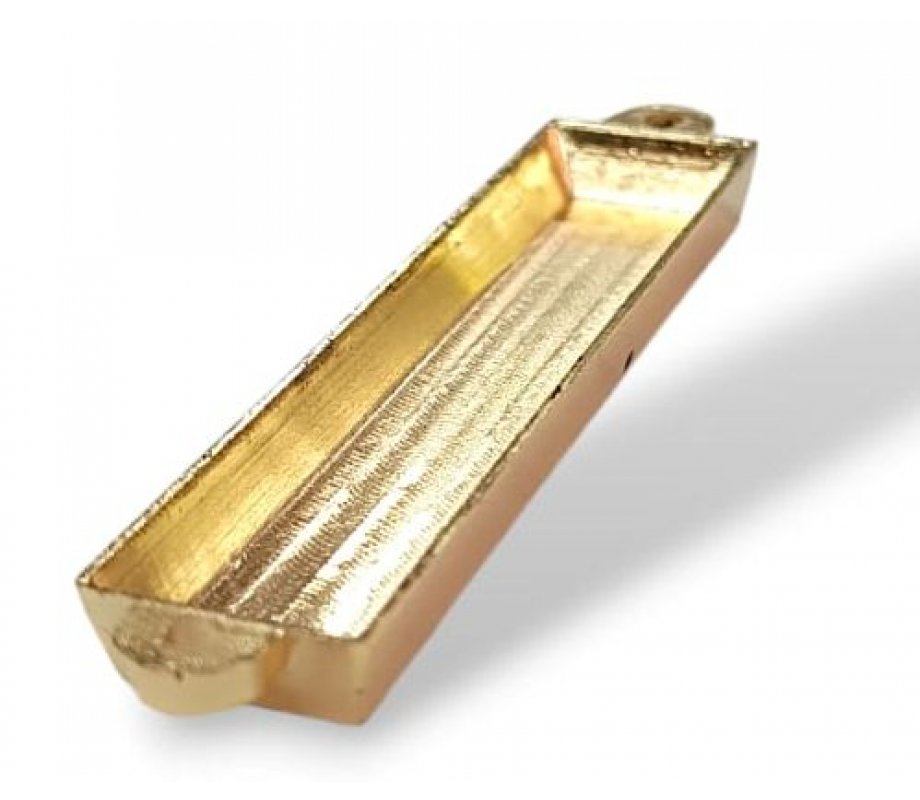 Small Mezuzah Case, Gold Metal with Blue Enamel – Torah Scroll and Shin