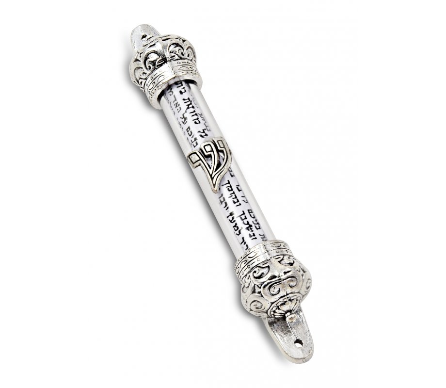Small Silver-colored Mezuzah Case with Shema Prayer Words - Decorative Crowns