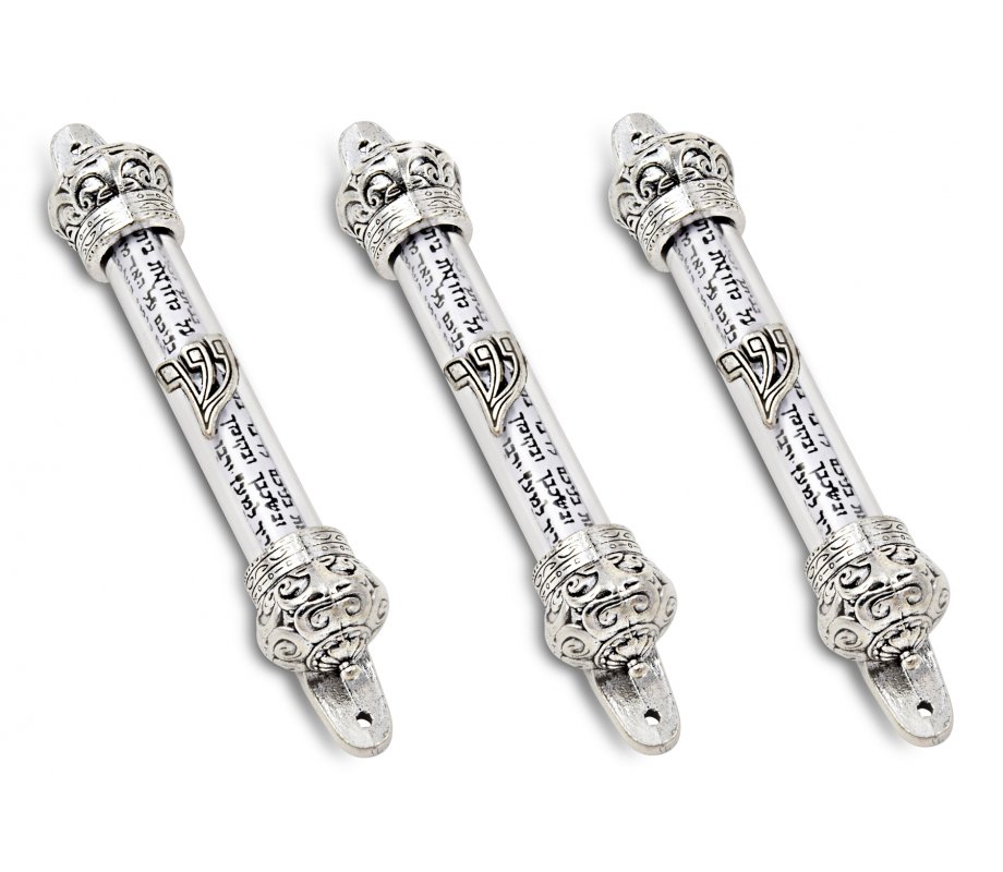 Small Silver-colored Mezuzah Case with Shema Prayer Words - Decorative Crowns