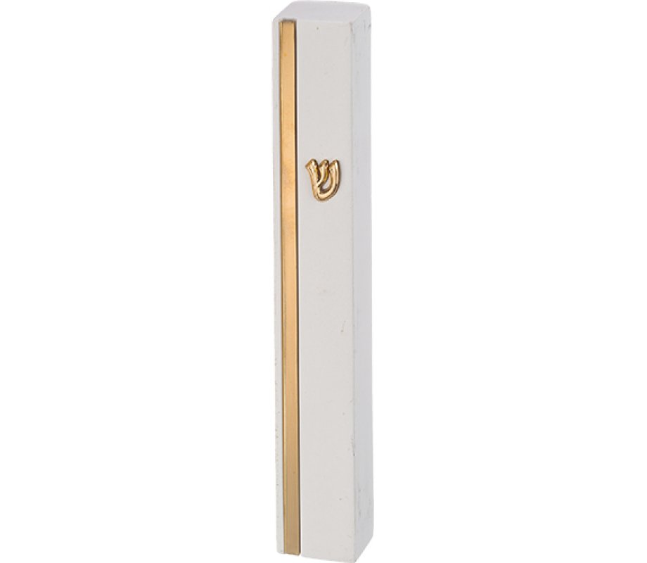 Smooth Stone-Like White Mezuzah Case with Gold Stripe and Gold Shin