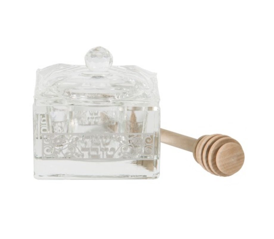 Square Crystal Honey Dish with Silver Decorative Metal Plaque, Lid and Dipper