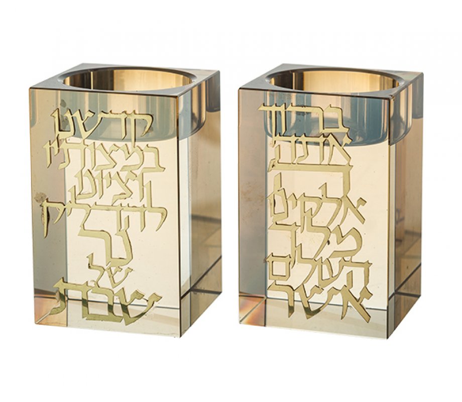 Square Smoky Crystal Glass Candlesticks with Gold Color Metal Overlay - Blessing