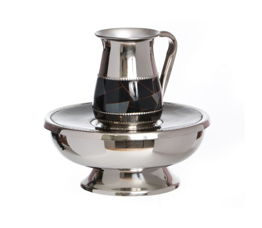 Stainless Steel Mayim Achronim Set - Black and Gold Geometric Design