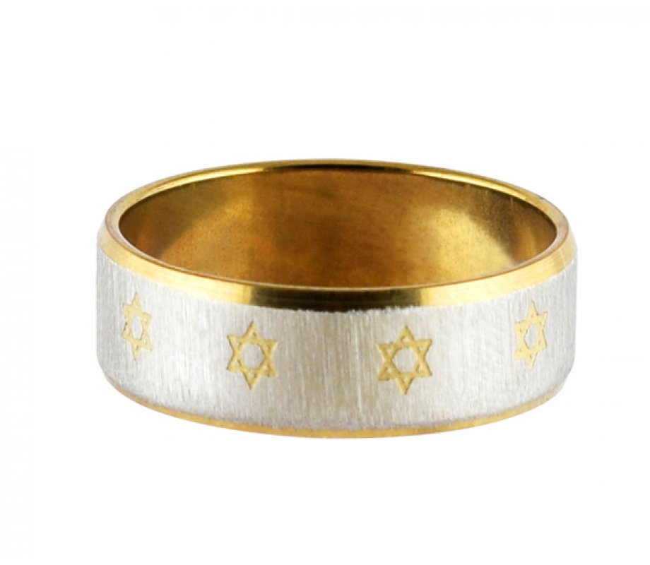 Stainless Steel Two Tone Ring with Small Gold Stars of David and Gold Rims